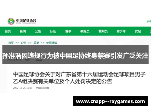 孙准浩因违规行为被中国足协终身禁赛引发广泛关注