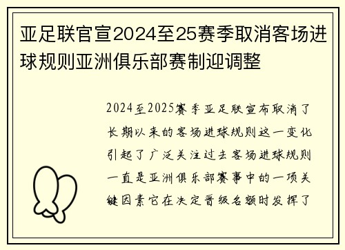 亚足联官宣2024至25赛季取消客场进球规则亚洲俱乐部赛制迎调整